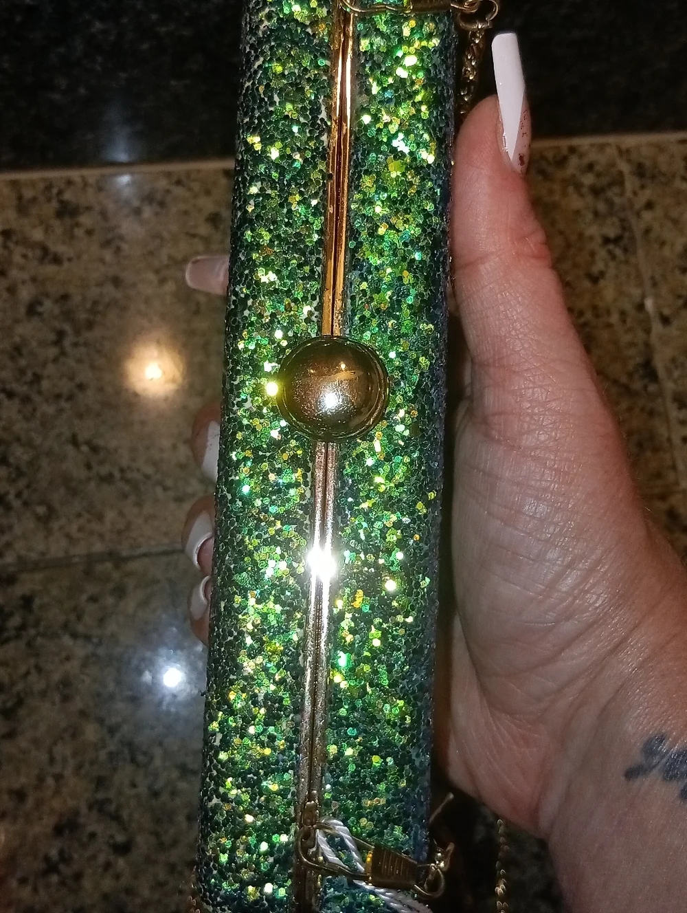 NWT Deux Lux Emerald Green Glitter Box Clutch Minaudière